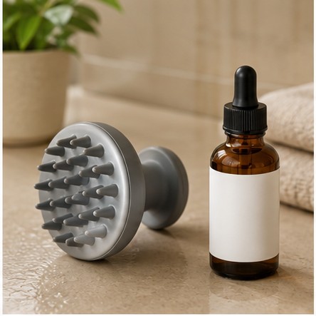 Neutral bathroom shelf for hair-care planning